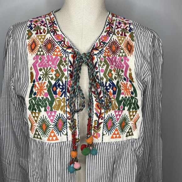 Boho Blouse Womens Medium Blue Striped Embroidery Open Front Top Farmhouse NWT - Picture 2 of 15